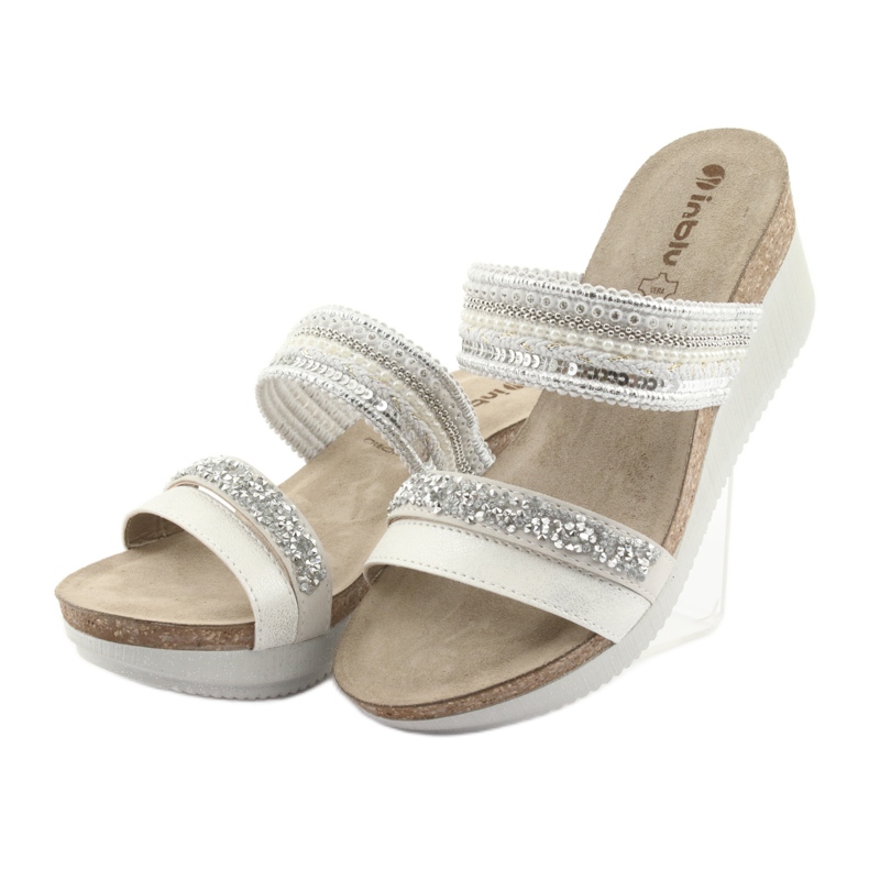 Klapki na koturnie INBLU EN010 srebrzyste białe szare 3