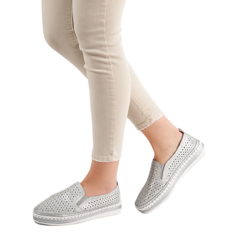 Goodin Srebrne Skórzane Slipony szare 1