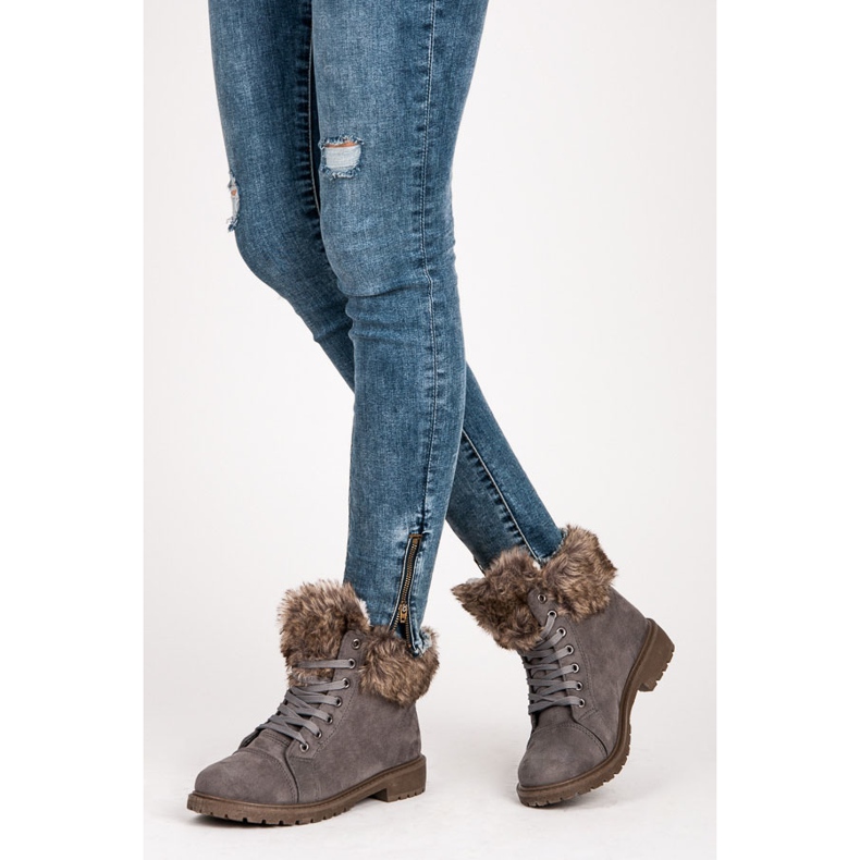 New Tlck Zamszowe Traperki Z Futerkiem szare 1