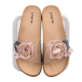 Super Me Klapki Z Kwiatami brązowe wielokolorowe 1