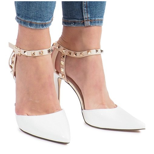 Białe lakierowane szpilki z ćwiekami Behati żółte 2