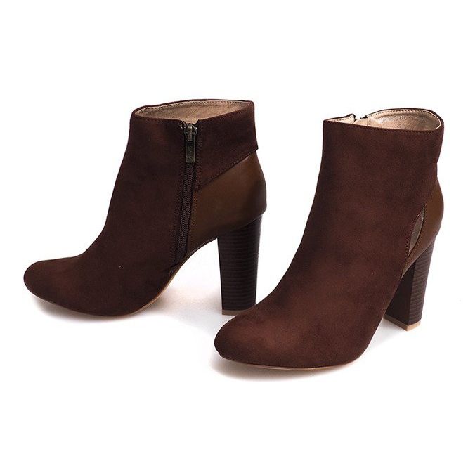 Zamszowe Botki Na Słupku Z Suwakiem T-10 Brązowy brązowe 2