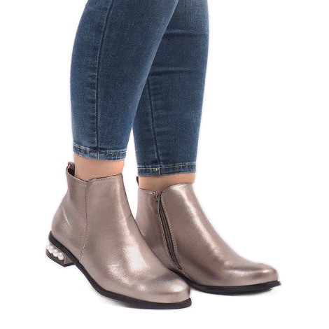 Srebrne botki z perłami LEI-189 szare 2