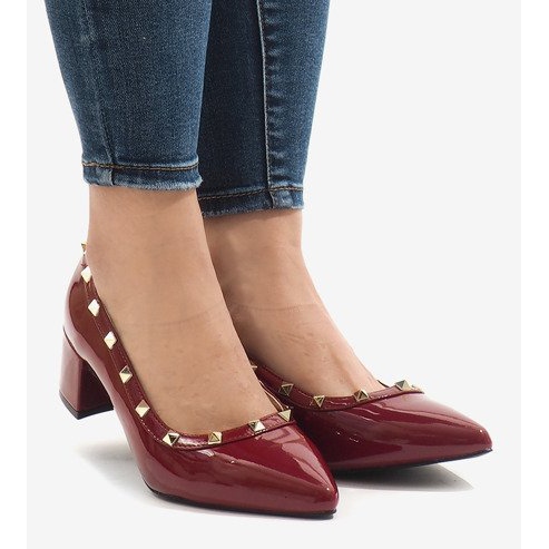 Bordowe lakierowane czółenka na słupku X-70 czerwone wielokolorowe 2