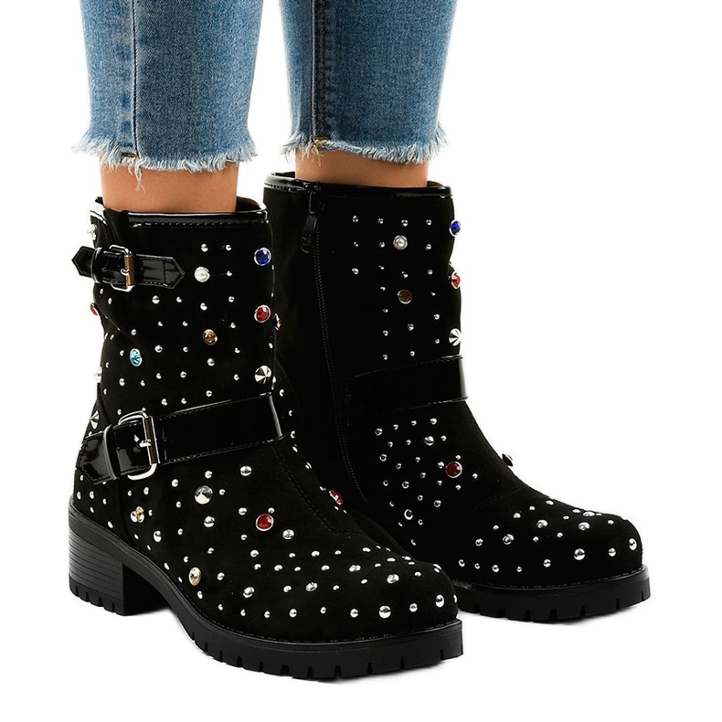 Czarne botki ocieplane bogato zdobione T185 1