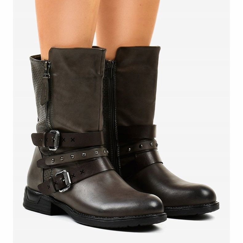 Szare botki damskie płaskie ocieplane F1803 1