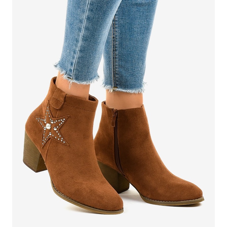 Brązowe zamsz botki na słupku gwiazdka L88-163 1