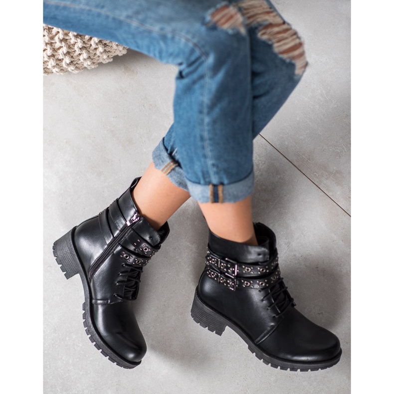 SHELOVET Sznurowane Workery czarne 2