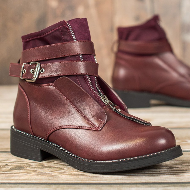 SHELOVET Bordowe Botki Na Suwak czerwone 2