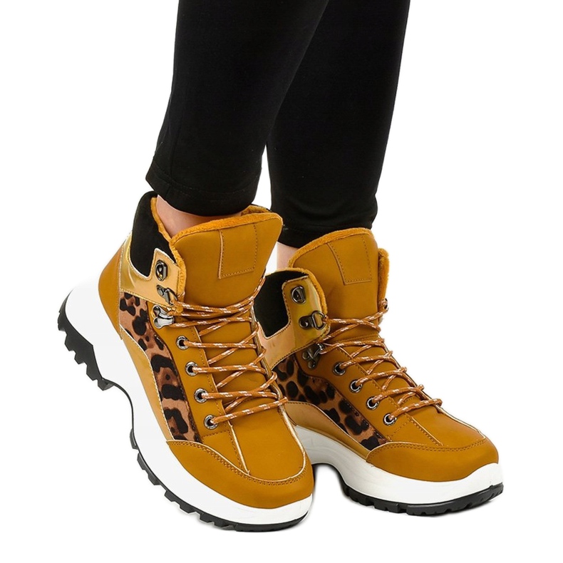 Brązowe damskie sneakersy ocieplane F-19208-3 żółte 1