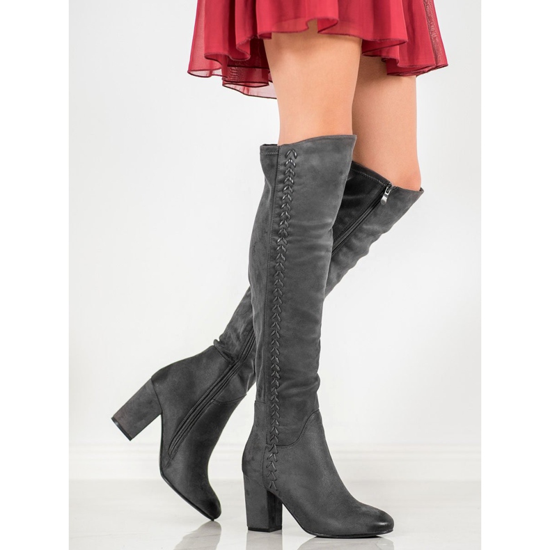 S. BARSKI Zamszowe Kozaki Ze Wzorem szare 1