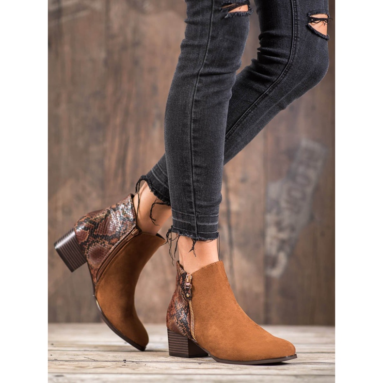 Kylie Camelowe Botki Snake Print brązowe 1