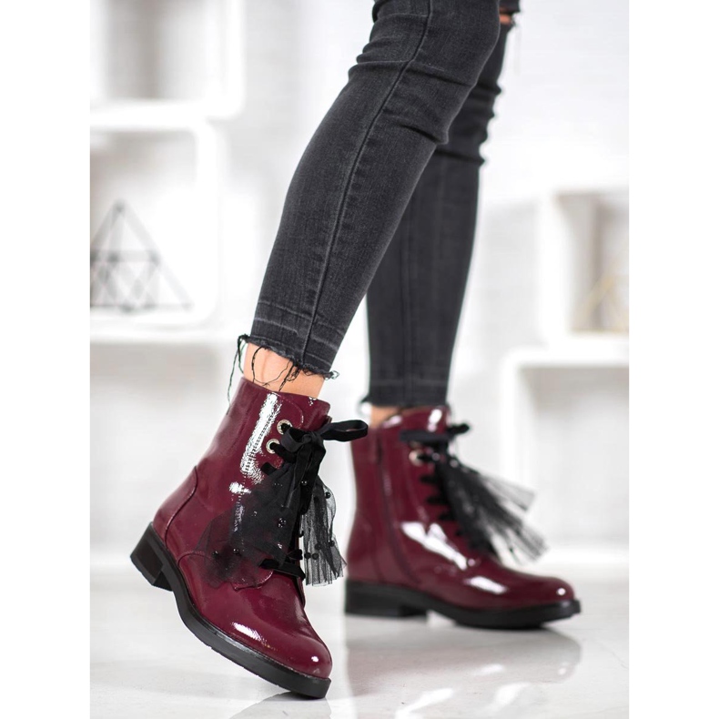 SHELOVET Workery Z Lakierowanej Eko Skóry czerwone 2