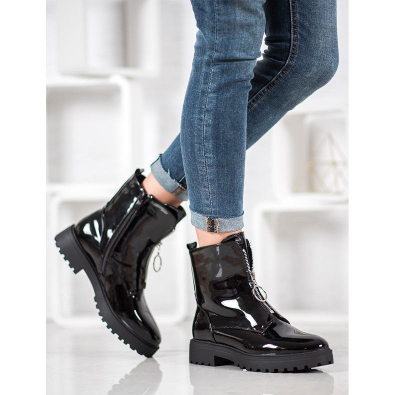 SHELOVET Workery Z Lakierowanej Eko Skóry czarne 2