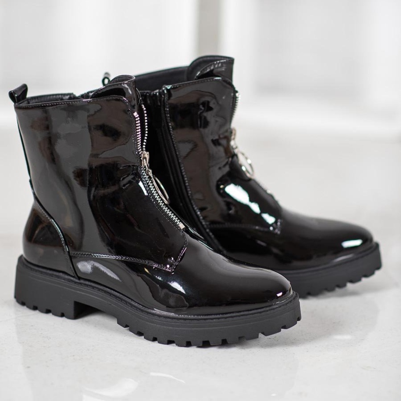 SHELOVET Workery Z Lakierowanej Eko Skóry czarne 1