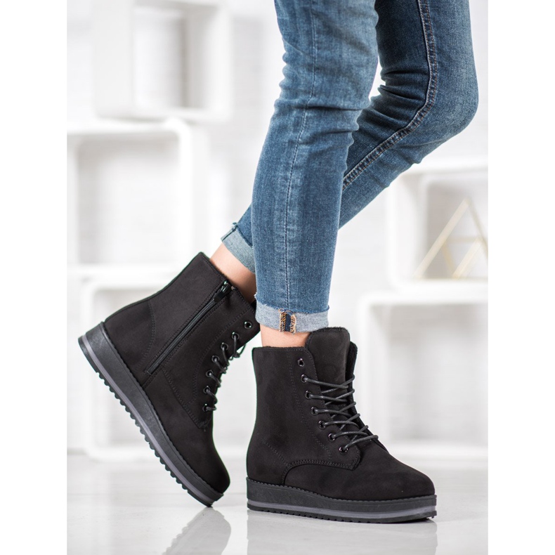 SHELOVET Zamszowe Trapery Na Platformie czarne 2