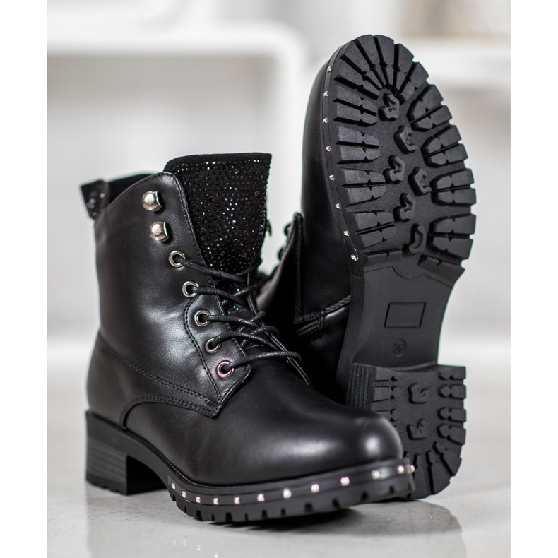 J. Star Czarne Workery Z Kryształkami żółte 1