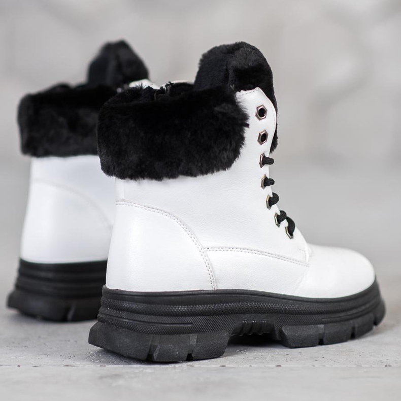 SHELOVET Sznurowane Workery Z Futerkiem białe 1