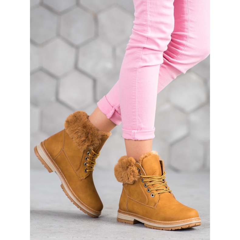 SHELOVET Camelowe Trapery Z Futerkiem brązowe 1