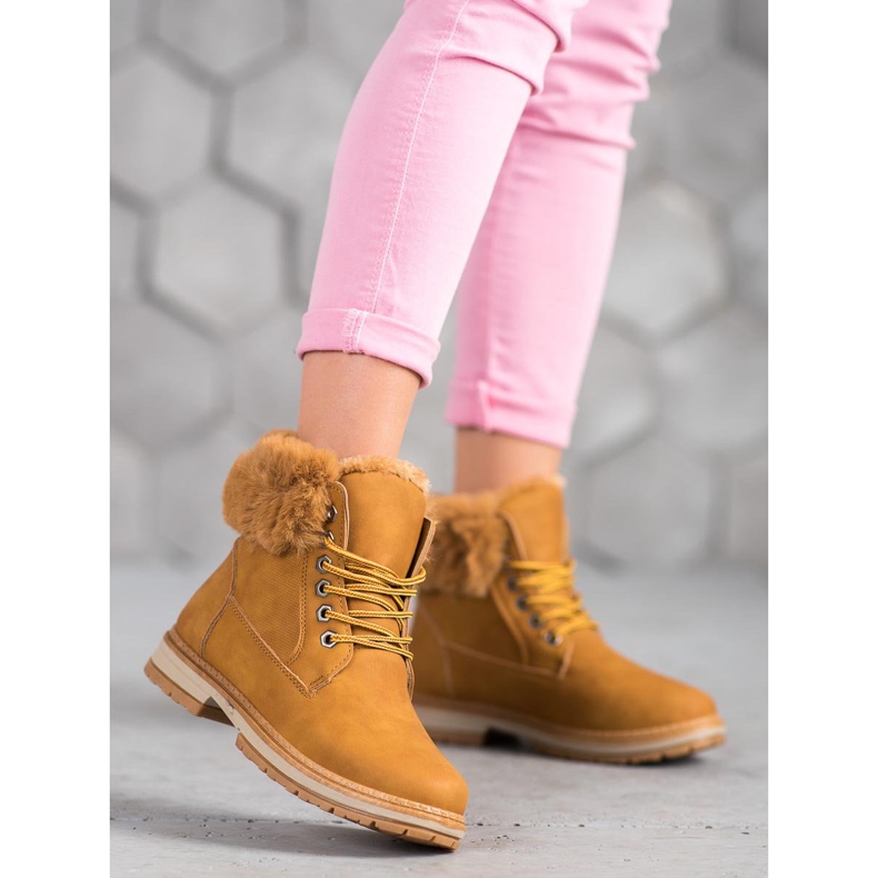 SHELOVET Camelowe Trapery Z Futerkiem brązowe 2