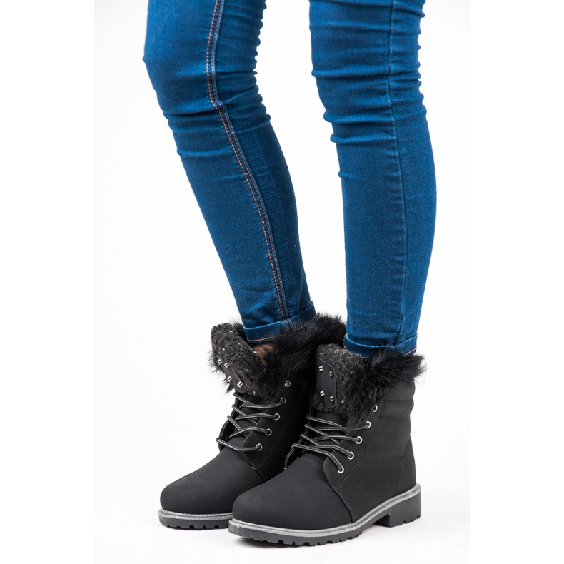 Sznurowane Traperki Z Futerkiem czarne 2