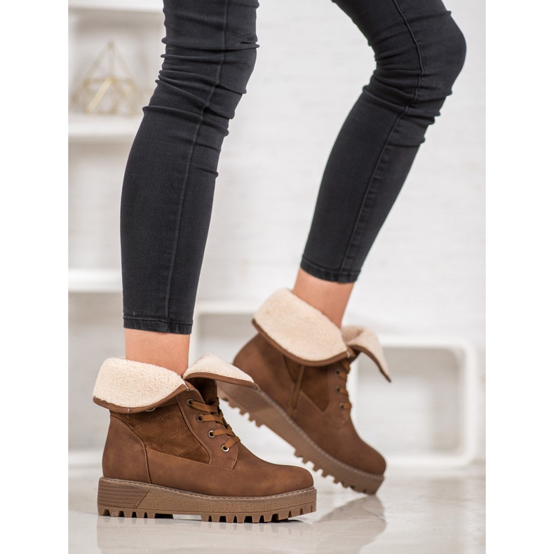 SHELOVET Sznurowane Botki Z Kożuszkiem brązowe 1