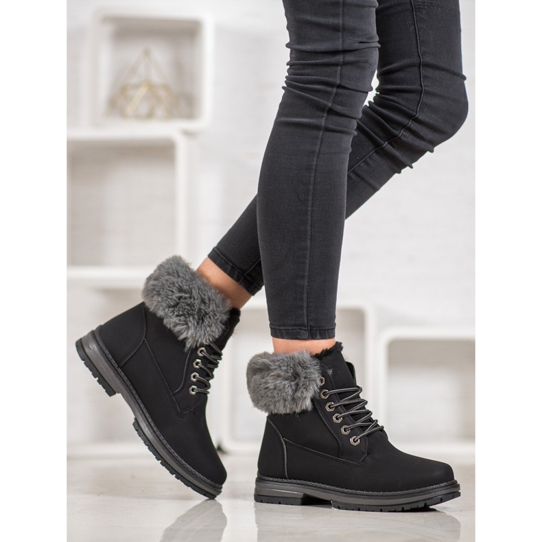 SHELOVET Czarne Trapery Z Futerkiem 1