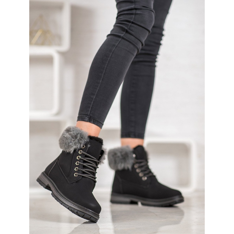 SHELOVET Czarne Trapery Z Futerkiem 2