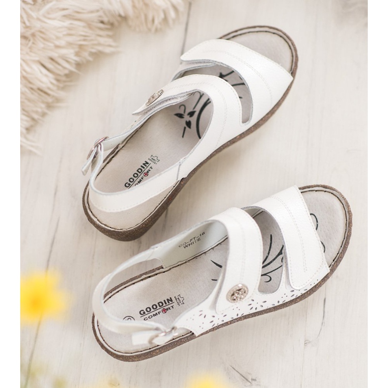 Goodin Skórzane Sandały Na Koturnie białe 2