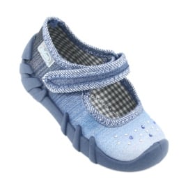 Befado obuwie dziecięce cyrkonie 109P186 niebieskie szare 1