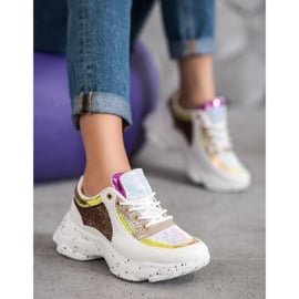 SHELOVET Sneakersy Z Cekinami Na Platformie białe żółte 2