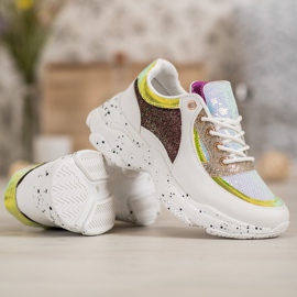 SHELOVET Sneakersy Z Cekinami Na Platformie białe żółte 4