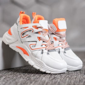 Small Swan Wygodne Sneakersy Z Eko Skóry białe pomarańczowe 1