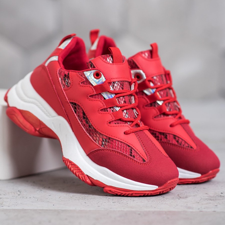 SHELOVET Sneakersy Na Platformie Snake Print czerwone 2