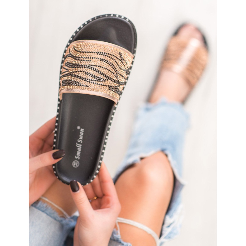 SHELOVET Modne Klapki Z Cyrkoniami brązowe żółte 2