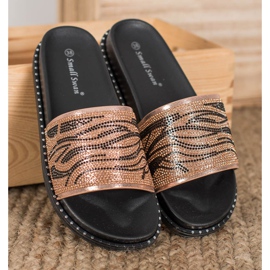 SHELOVET Modne Klapki Z Cyrkoniami brązowe żółte 1