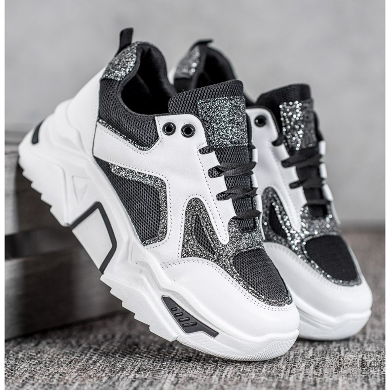 Seastar Modne Sneakersy Z Brokatem białe czarne 1