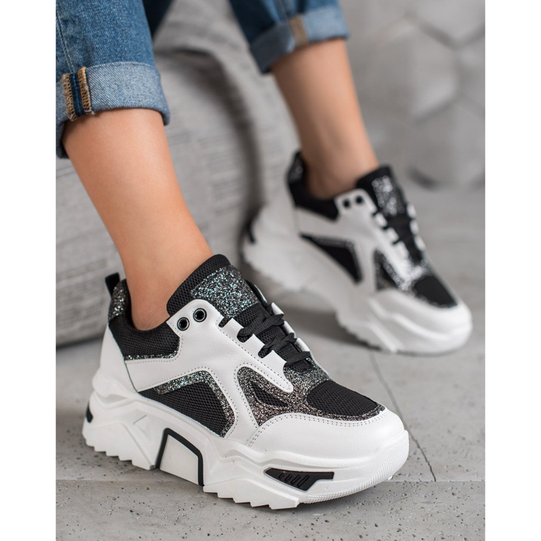 Seastar Modne Sneakersy Z Brokatem białe czarne 2