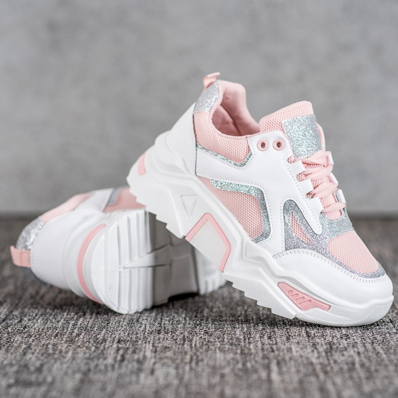 Seastar Modne Sneakersy Z Brokatem białe różowe 1