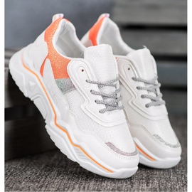 SHELOVET Sneakersy Na Platformie Z Brokatem białe pomarańczowe 3