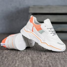 SHELOVET Sneakersy Na Platformie Z Brokatem białe pomarańczowe 2