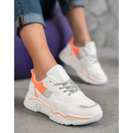 SHELOVET Sneakersy Na Platformie Z Brokatem białe pomarańczowe 4