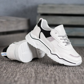 SHELOVET Sneakersy Na Platformie Z Brokatem białe czarne 4