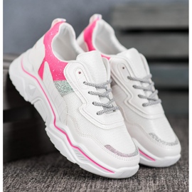 SHELOVET Sneakersy Na Platformie Z Brokatem białe różowe 4