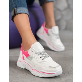 SHELOVET Sneakersy Na Platformie Z Brokatem białe różowe 5