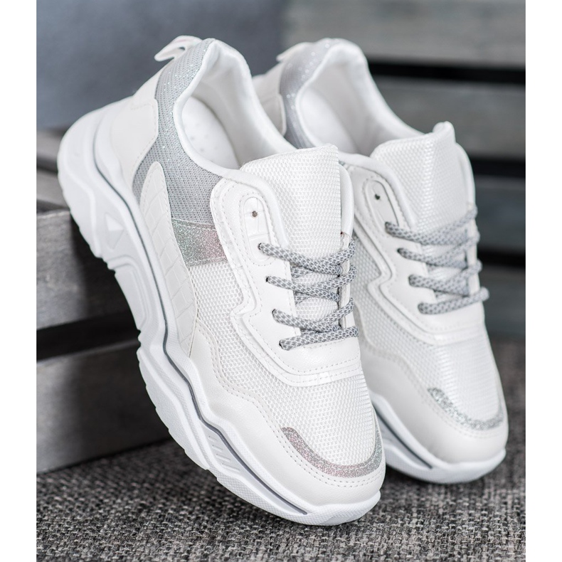 SHELOVET Sneakersy Na Platformie Z Brokatem białe 2