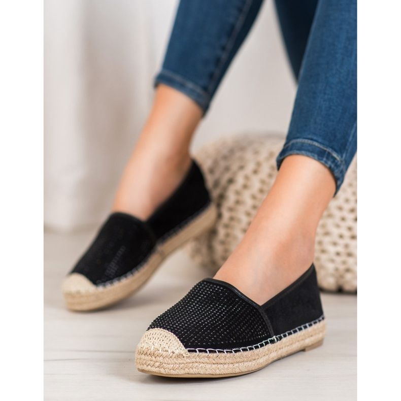 Best Shoes Czarne Espadryle Z Kryształkami żółte 1