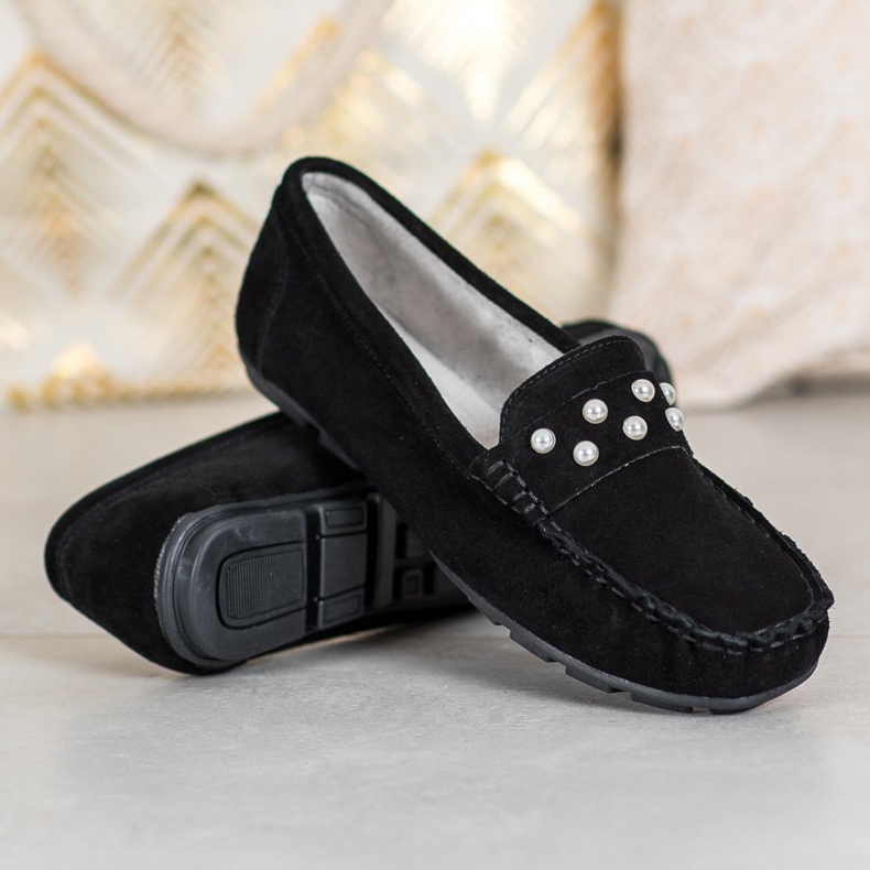 Filippo Skórzane Mokasyny Z Perełkami czarne 1