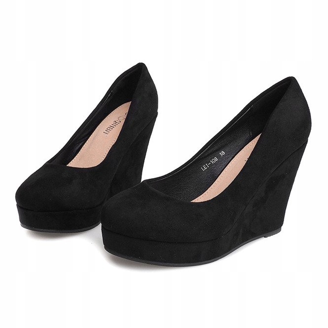 Czarne zamszowe czółenka na koturnie LEI-108 2