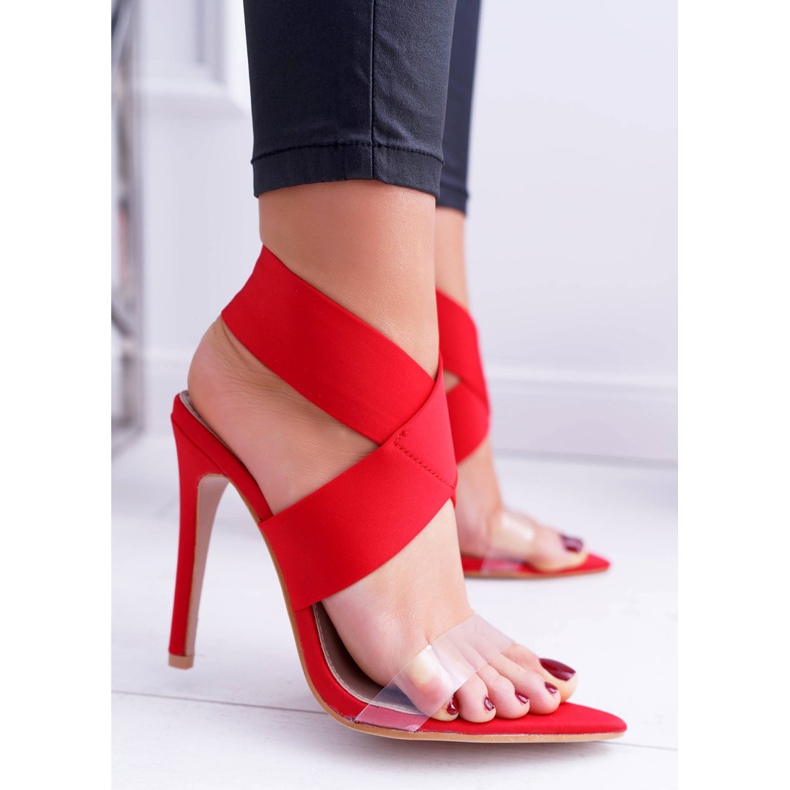 L.DAY Sandały Damskie Na Obcasie Szeroki Pasek Czerwone Lights 1